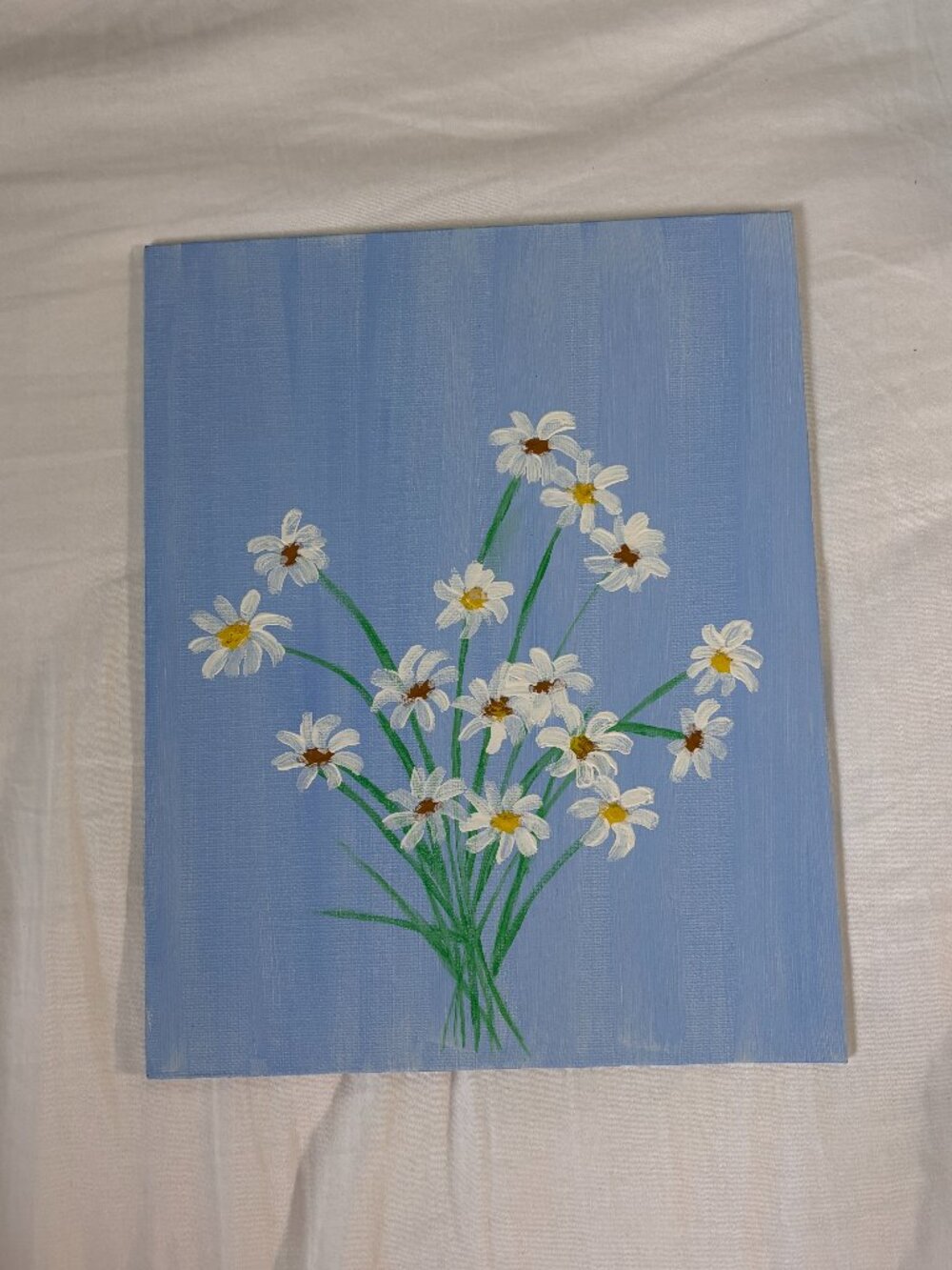 White Daisies on Blue Canvas Acrylic Painting Handmade Floral Decor